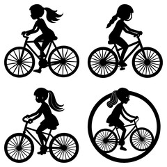 Obraz premium Silhouette illustrations of girls riding bicycles in various poses and compositions on a white background