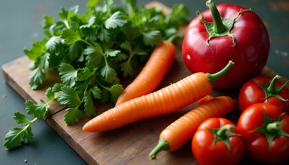 Close-up of fresh red tomatoes and herbs in kitchen setting