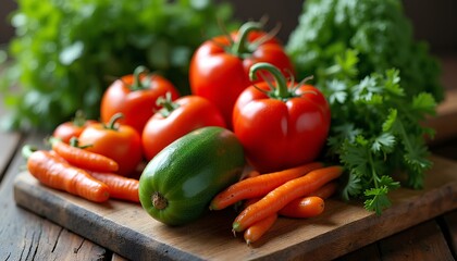 Close-up of fresh red tomatoes and herbs in kitchen setting