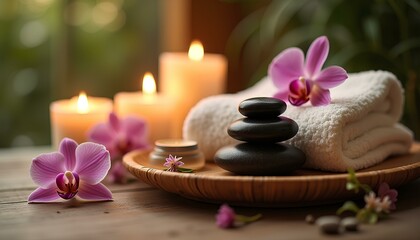  Relaxing spa setup with candles, massage stones and white flowers