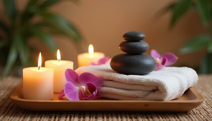  Relaxing spa setup with candles, massage stones and white flowers