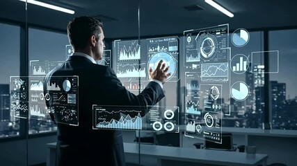 Businessman interacting with holographic data displays in a modern office. - Powered by Adobe