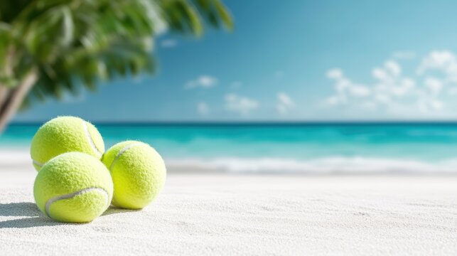 Three bright tennis balls resting on soft beach sand, set against a stunning turquoise sea and clear blue sky, evoking a sense of relaxation and summer fun.