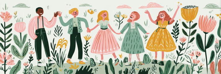 Dancers gather in a lively atmosphere as string lights illuminate the summer night, creating a festive vibe filled with music, laughter, and colorful floral surroundings, banner