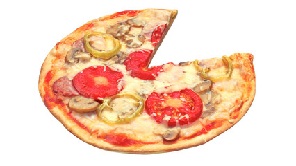 A delicious pizza with toppings like tomatoes, mushrooms, and peppers, showcasing a slice taken out.