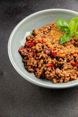 Lentil dish vegetables and roasted peppers savory vegetable fresh vegetarian and vegan food gourmet food background on the table rustic food top view copy space keto and paleo diet