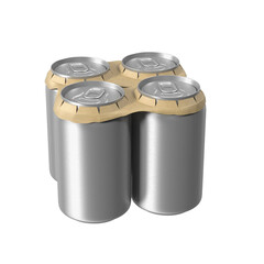 A pack of four aluminum beverage cans secured with a cardboard holder, designed for easy transport...