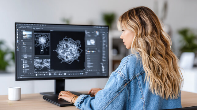 Female graphic designer with long hair, focused on computer screen displaying digital artwork, surrounded by modern workspace elements, illustrating creativity and innovation in design