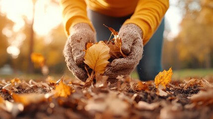 A person in a bright yellow sweater collects fallen leaves, embodying the essence of autumn and connecting with nature while appreciating the beauty of seasonal changes.
