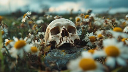 A lone skull rests amidst vibrant daisies, creating a striking contrast that symbolizes the cycle of life and death in nature, inviting deep reflection and emotional awareness.