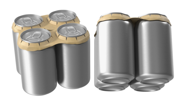 A pack of aluminum beverage cans, designed for easy carrying and storage.