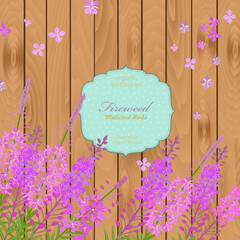 square banner with blooming fireweed flowers. card with Chamaenerion angustifolium wildflowers on wooden background. medicinal herbal willowherb. vintage craft frame