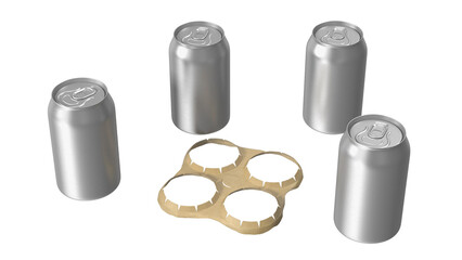 A set of four silver beverage cans arranged around a cardboard holder, typically used for packaging...