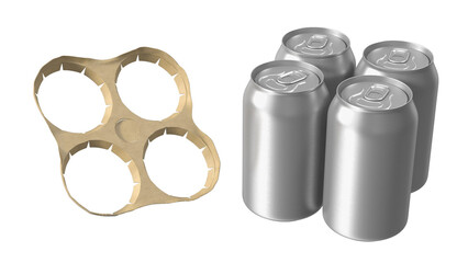 A six-pack holder next to four aluminum beverage cans, illustrating a common packaging design for...