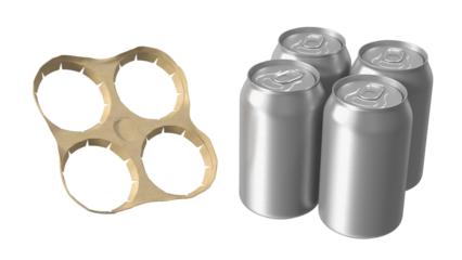 A six-pack holder next to four aluminum beverage cans, illustrating a common packaging design for drinks.