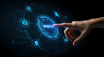 Hand Touching "Benefits" Button on Futuristic Digital Interface