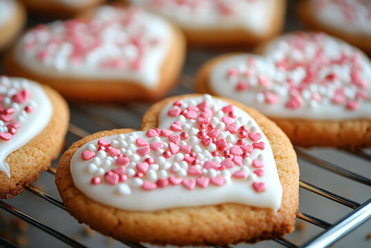 Heart-shaped cookies with pink and white sprinkles on icing, placed on a cooling rack