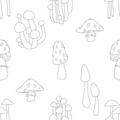 A black and white drawing of various mushrooms. Doodle seamless pattern with toadstool and fly agaric.