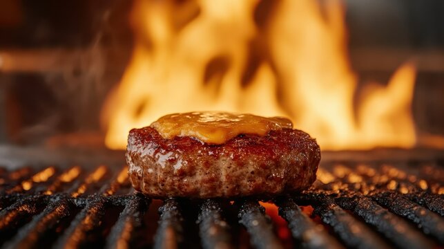 A mouthwatering image of a juicy burger sizzling on a grill, with melted cheese oozing over, surrounded by flames capturing the essence of delicious grilling and culinary delight.