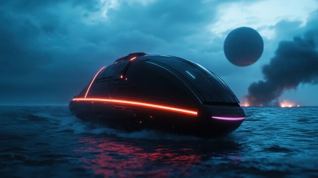 A sleek futuristic vessel with glowing lights sailing through dark waters under an ominous sky, encapsulating a vision of advanced technology and exploration into unknown realms.