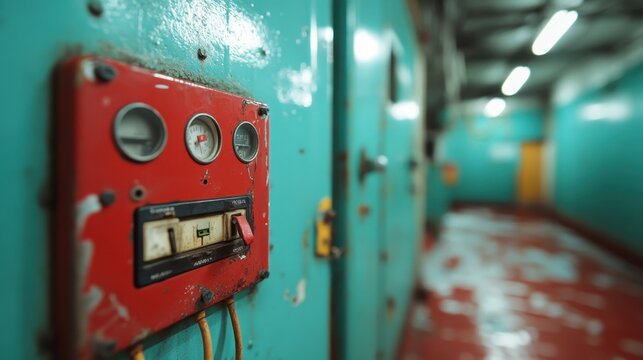 An intricate control panel with worn dials and switches is positioned in a rundown setting, evoking nostalgia and curiosity about its past in an industrial context.