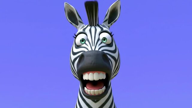 Cheerful cartoon zebra with big smile and bright eyes against a clear blue sky background