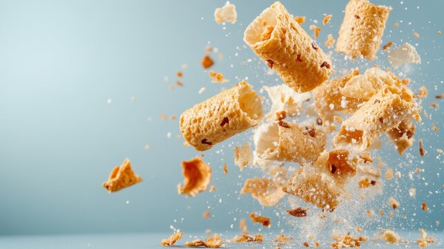 A dynamic shot captures cereal pieces bursting into the air, creating a playful scene filled with motion that captures the excitement and energy of breakfast time.