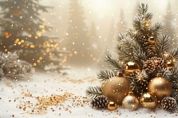 Christmas tree decorated with golden ornaments and glittery pinecones in snowy festive setting