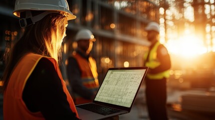 A construction worker focuses on a laptop as the sun sets behind her, symbolizing the intersection of modern technology and traditional craftsmanship in construction.