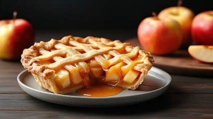 An enticing slice of apple pie oozes caramel, enticing viewers to savor the sweet taste of tradition and comfort food on a rustic wooden table.