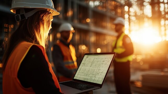 A construction worker focuses on a laptop as the sun sets behind her, symbolizing the intersection of modern technology and traditional craftsmanship in construction. - Powered by Adobe