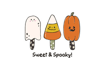 Fototapeta premium Sweet and Spooky Popsicle Ghost and Candy Corn Characters Halloween Sublimation Design