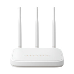 Modern white wireless router with three antennas and LED indicators for home internet connectivity and communication Transparent background or png