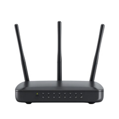 Modern wireless router with multiple antennas and LED indicators on a sleek black base for high-speed internet connectivity Transparent background or png