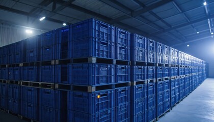 Stacked Blue Crates in a Warehouse Bathed in Moonlight Glow