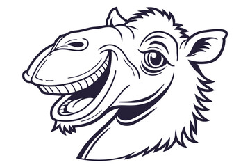 Cheerful camel cartoon head shows large smile with exposed teeth in monotone art