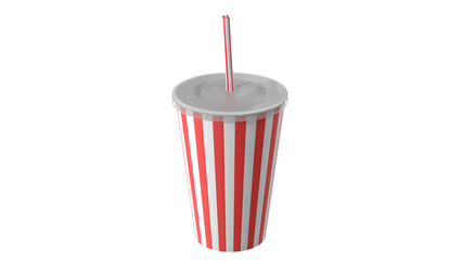 A striped cup with a straw, typically used for serving beverages, often found in cinemas or fast-food restaurants.