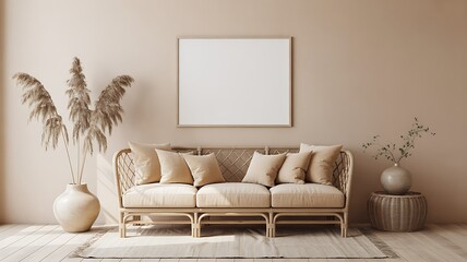 Cozy and modern living room interior design with a blank picture frame mockup