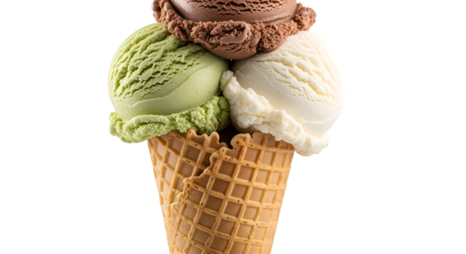 Ice Cream Scoops in Waffle Cone, Transparent Background