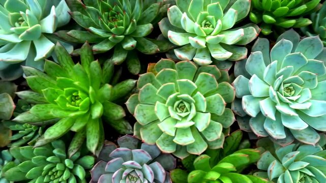 Top-down close-up view of a dense collection of green echeveria succulent plants with soft even lighting
