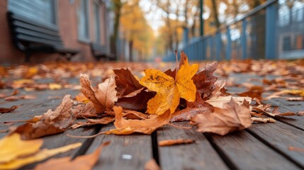 A serene scene of colorful autumn leaves scattered across a rustic wooden pathway, evoking the beauty of nature’s transition and inviting reflection and tranquility.