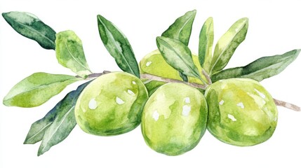 Obraz premium Illustration of a watercolor olive branch on a white background, featuring green olives and leaves, suitable for Mediterranean cuisine and nature-inspired designs