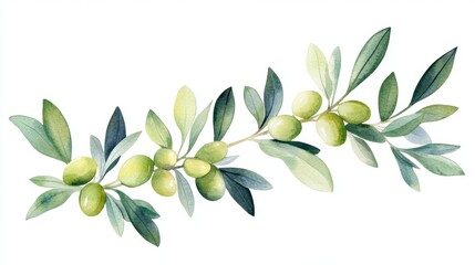 Obraz premium An olive branch with green olives and leaves, illustrated in watercolor on a white background, is used for botanical representations in Mediterranean cuisine and beauty product contexts
