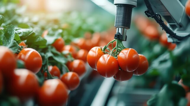 An advanced robotic arm gently harvests ripe red tomatoes in a greenhouse, highlighting technology's role in agriculture and sustainable food production. - Powered by Adobe