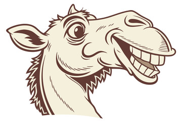 The cartoon dromedary camel head smiles broadly displaying its teeth in a humorous way