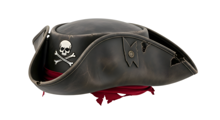 Aged Pirate Hat with Skull Design,  Tattered Fabric, Transparent Background
