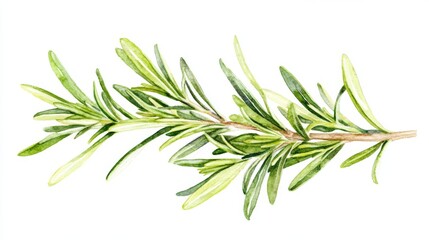 Fototapeta premium Rosemary sprig in watercolor, a culinary herb and aromatic ingredient, depicted on a plain white background