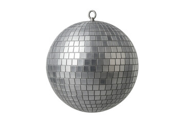 Fototapeta premium Classic silver disco ball hanging, reflecting light and creating a festive atmosphere, isolated on transparent background