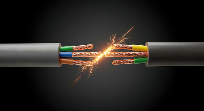 Electrical Short Circuit: Exposed Wires with Sparks on Dark Background - Powered by Adobe