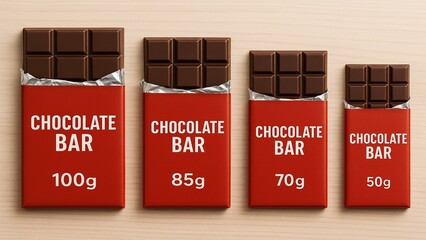 Visual metaphor of shrinkflation depicted by chocolate bars decreasing in size, illustrating rising costs for smaller packaging.